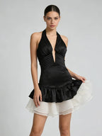 Halter Neck Plunging V-Neck Ruched 3D Ruffle Skirt Mini Dress