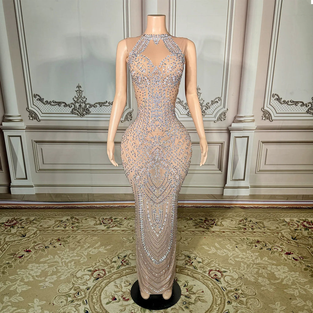 Sequin Crystal Embellished Illusion Halter Keyhole Cutout Mermaid Gown