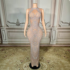 Sequin Crystal Embellished Illusion Halter Keyhole Cutout Mermaid Gown