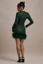 Sequin Long Sleeve Crew Neck Feather Hem Bodycon Mini Dress