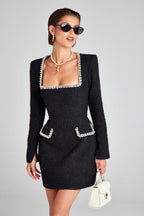 Tweed Square Neck Pearl Trim Long Sleeve Structured Mini Dress