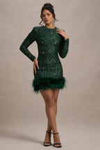 Sequin Long Sleeve Crew Neck Feather Hem Bodycon Mini Dress