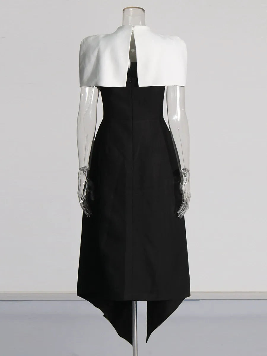 Folded Collar Capelet Layered Wrap Front Pointed Hem Midi Dress