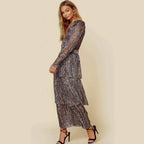 Sequin Plisse Deep V-Neck Long Sleeve Tiered Maxi Dress