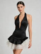 Halter Neck Plunging V-Neck Ruched 3D Ruffle Skirt Mini Dress