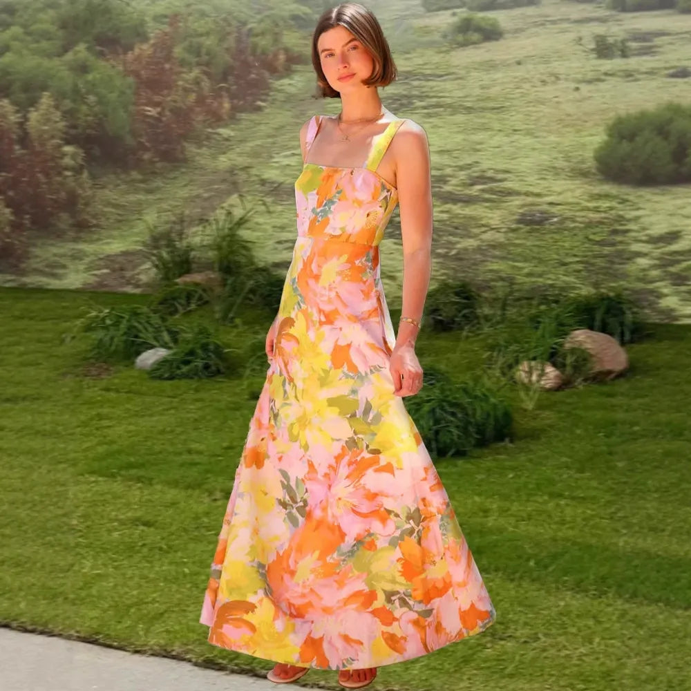 Square Neck Wide Strap Abstract Floral Print Maxi Dress