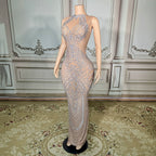 Sequin Crystal Embellished Illusion Halter Keyhole Cutout Mermaid Gown