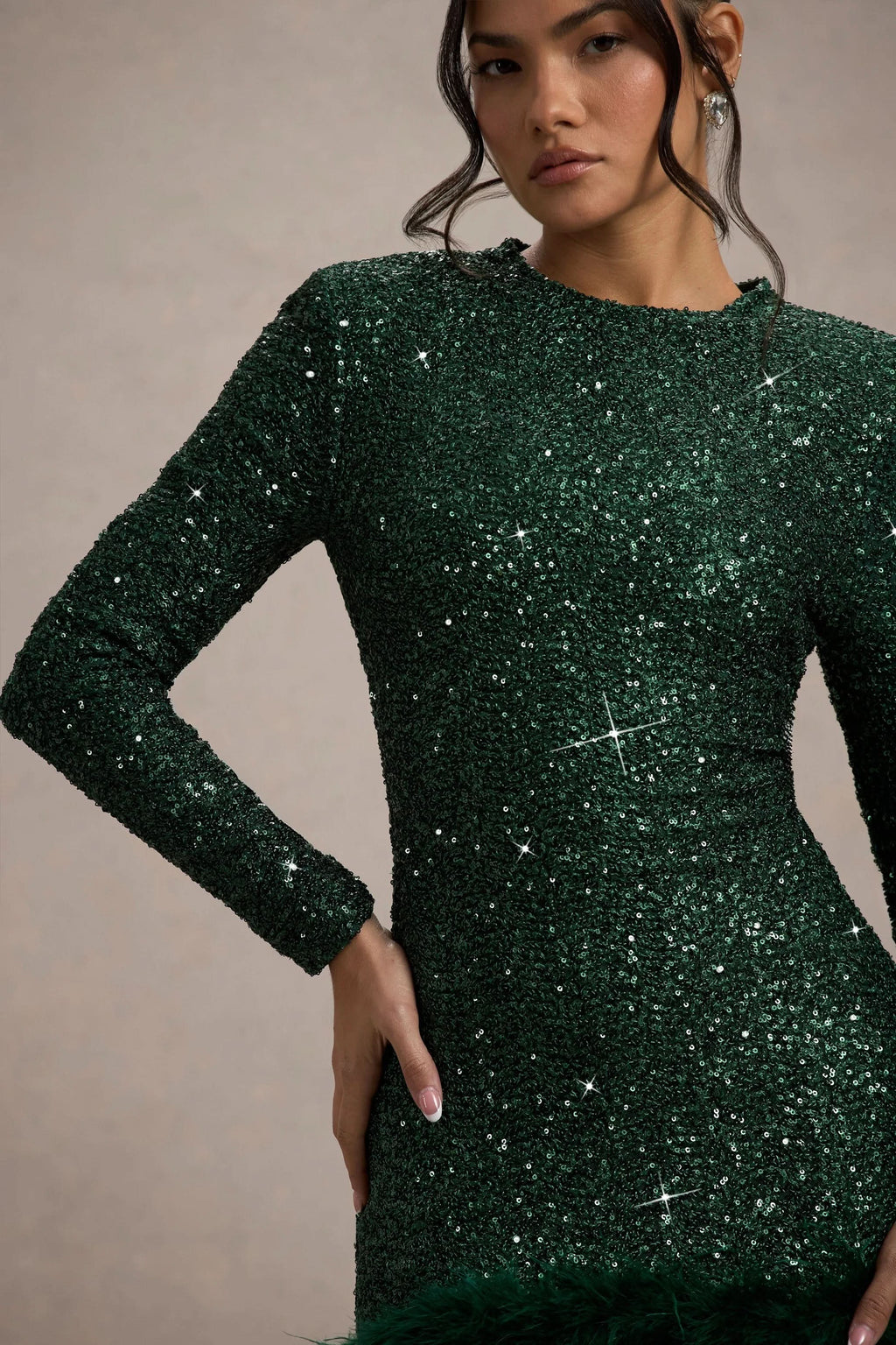 Sequin Long Sleeve Crew Neck Feather Hem Bodycon Mini Dress