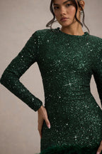 Sequin Long Sleeve Crew Neck Feather Hem Bodycon Mini Dress