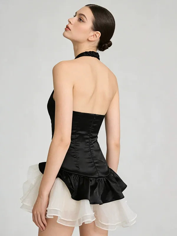 Halter Neck Plunging V-Neck Ruched 3D Ruffle Skirt Mini Dress