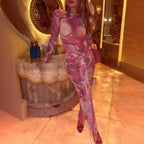 Mesh Abstract Swirl Print Crew Neck Draped Sash Bodycon Maxi Dress