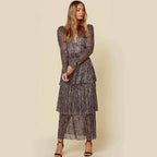Sequin Plisse Deep V-Neck Long Sleeve Tiered Maxi Dress