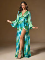 Watercolor Stripe Print Halter Neck Bishop Sleeve Tie Waist Slit Maxi Dress