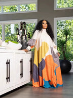 Mock Neck Pleated Abstract Brushstroke Print Long Sleeve Oversized Maxi Dress