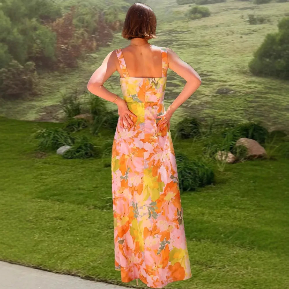 Square Neck Wide Strap Abstract Floral Print Maxi Dress