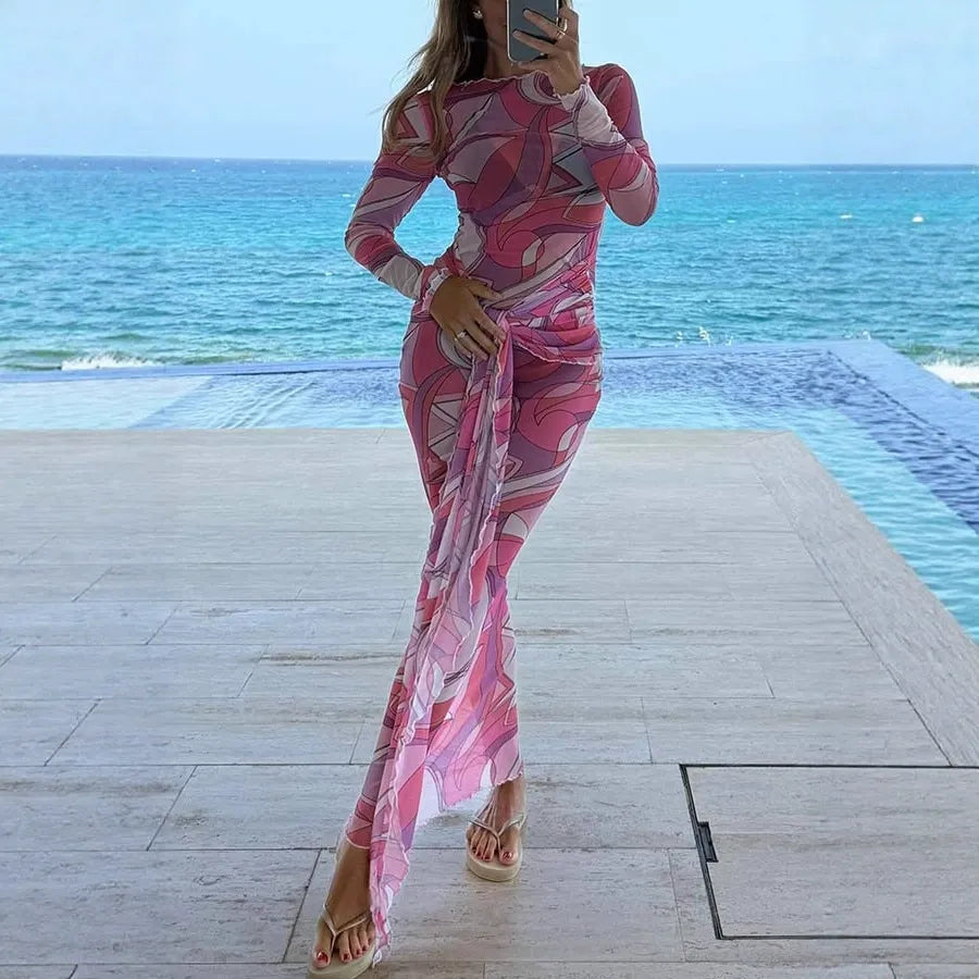 Mesh Abstract Swirl Print Crew Neck Draped Sash Bodycon Maxi Dress