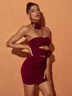 Inara Strapless Mesh Cutout Mini Dress In Wine
