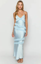 Spaghetti Strap V-Neck Diagonal Tiered Ruffle Satin Maxi Dress