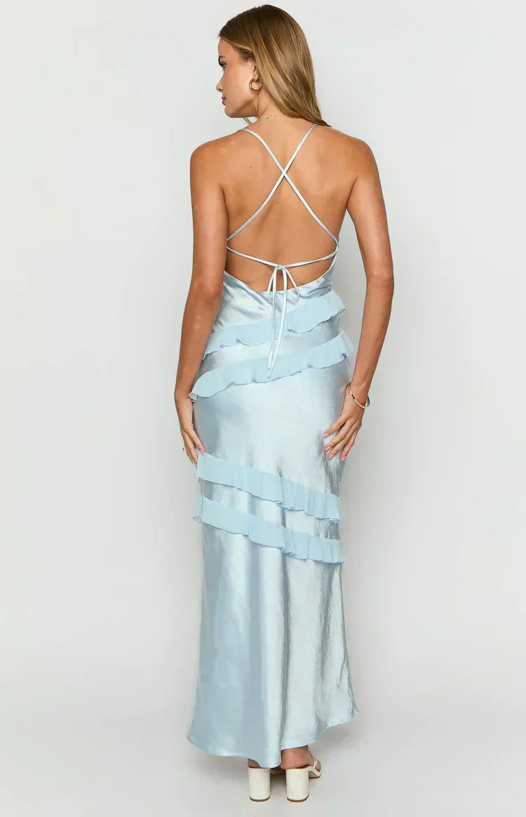 Spaghetti Strap V-Neck Diagonal Tiered Ruffle Satin Maxi Dress