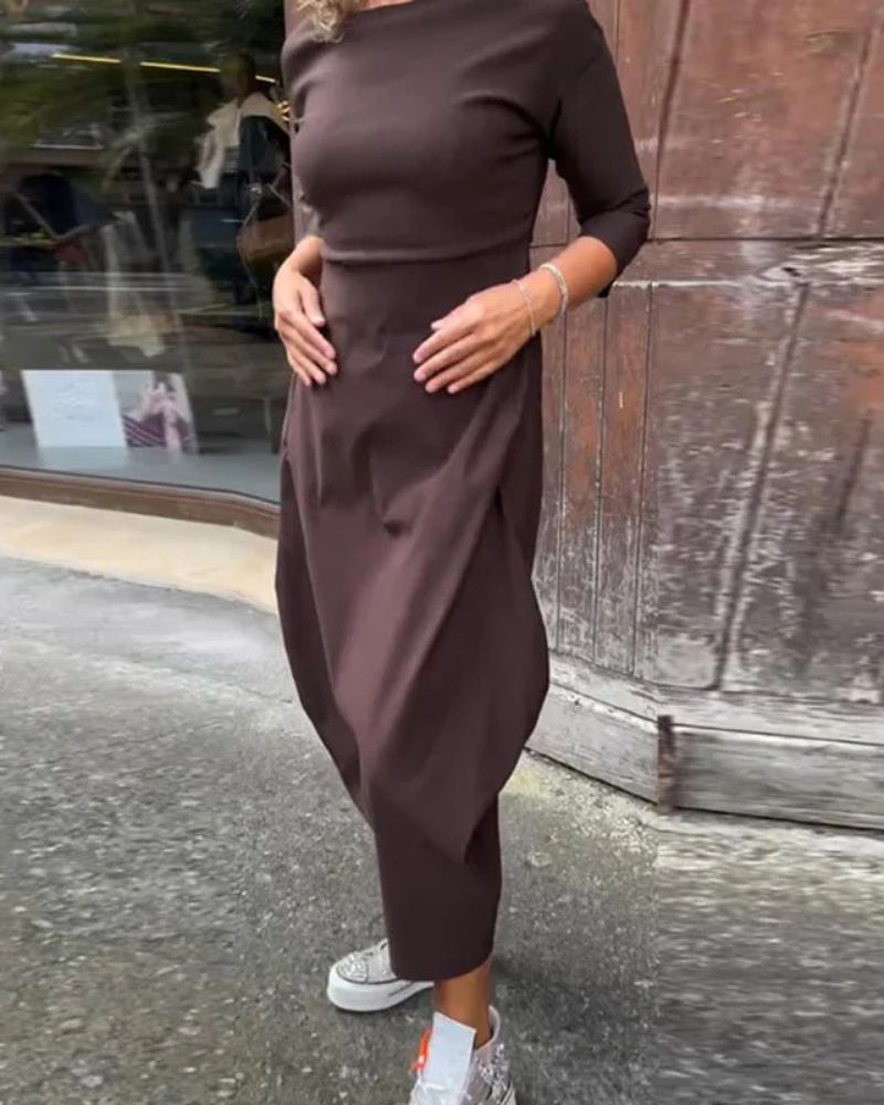 Boat Neck Three Quarter Sleeve Balloon Hem Knit Maxi Dress