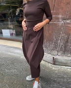 Boat Neck Three Quarter Sleeve Balloon Hem Knit Maxi Dress