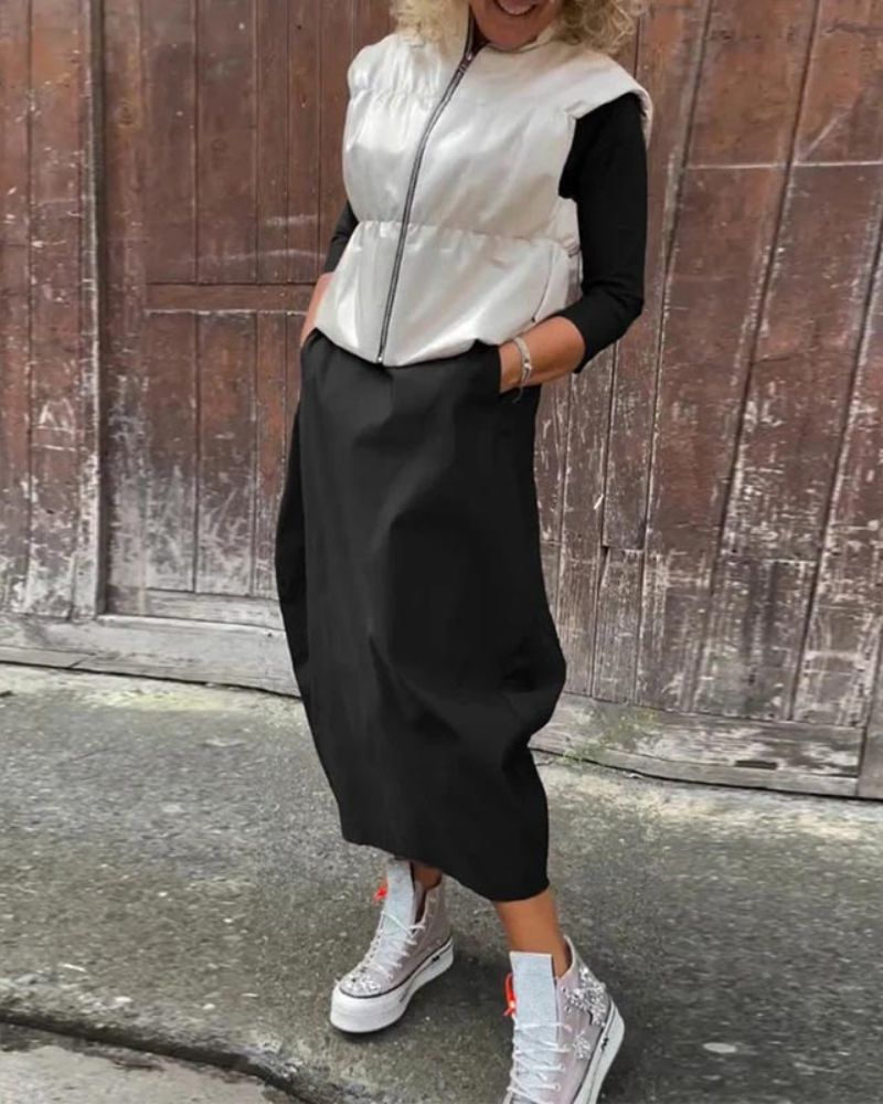 Boat Neck Three Quarter Sleeve Balloon Hem Knit Maxi Dress