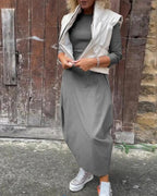 Boat Neck Three Quarter Sleeve Balloon Hem Knit Maxi Dress