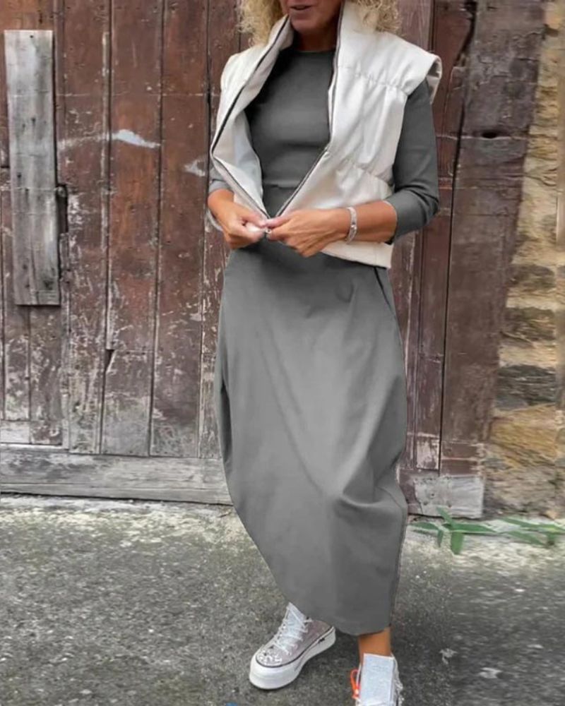 Boat Neck Three Quarter Sleeve Balloon Hem Knit Maxi Dress
