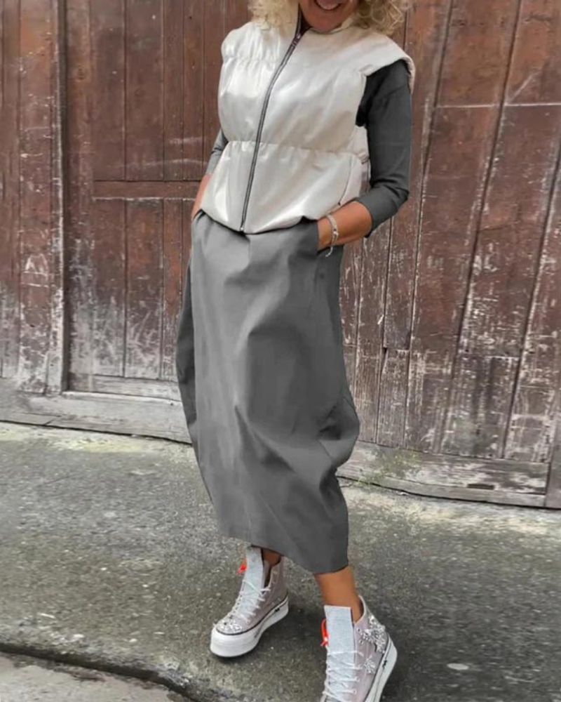 Boat Neck Three Quarter Sleeve Balloon Hem Knit Maxi Dress