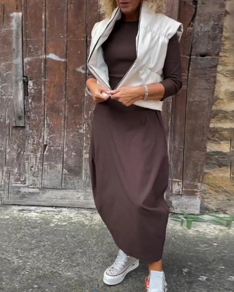 Boat Neck Three Quarter Sleeve Balloon Hem Knit Maxi Dress