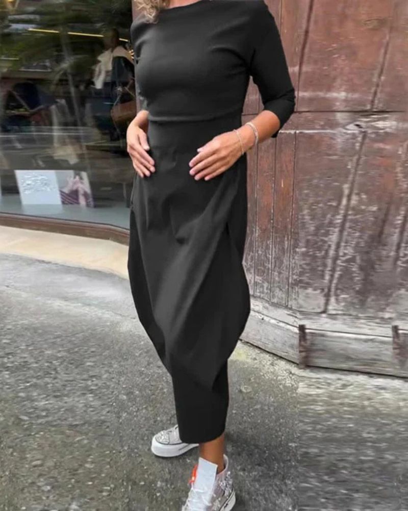 Boat Neck Three Quarter Sleeve Balloon Hem Knit Maxi Dress