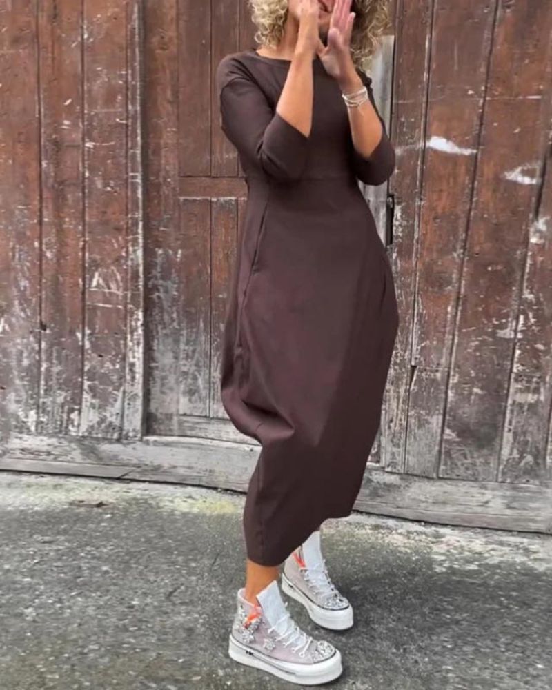 Boat Neck Three Quarter Sleeve Balloon Hem Knit Maxi Dress