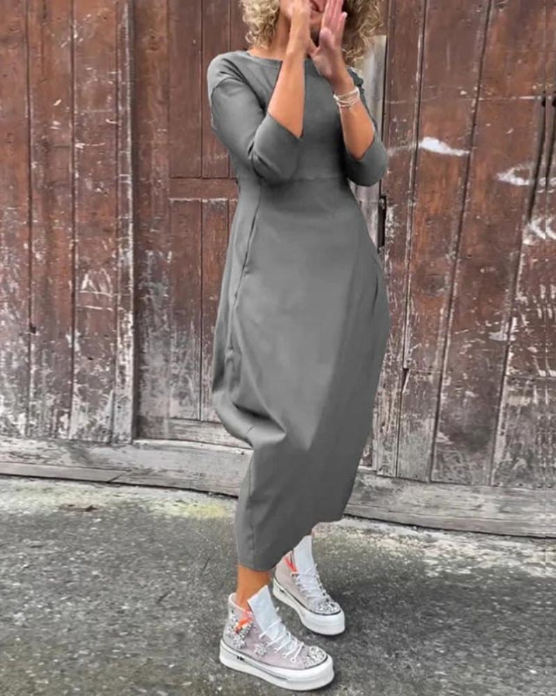 Boat Neck Three Quarter Sleeve Balloon Hem Knit Maxi Dress
