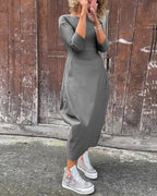 Boat Neck Three Quarter Sleeve Balloon Hem Knit Maxi Dress