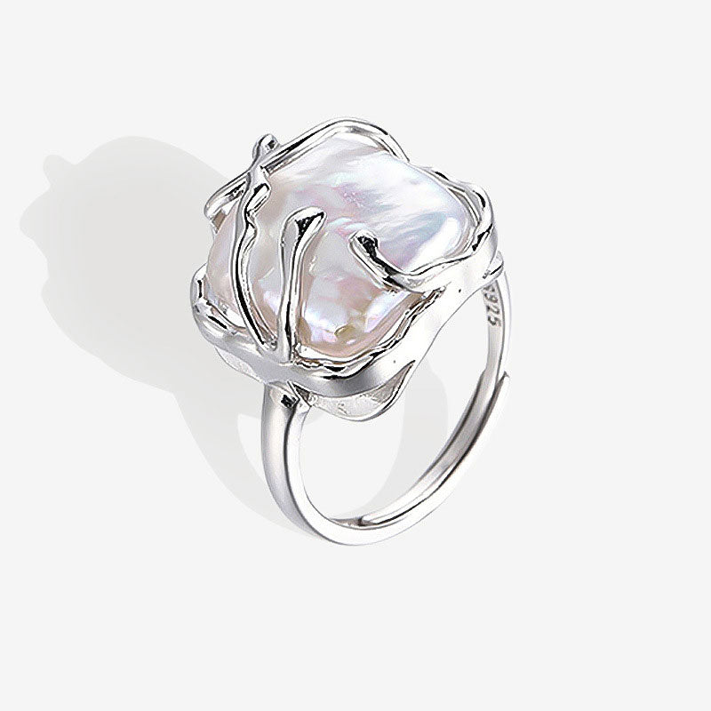 Rhodium Plated Sterling Silver Iridescent Square Baroque Pearl Ring