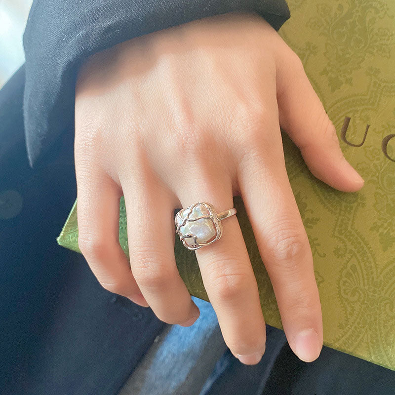 Rhodium Plated Sterling Silver Iridescent Square Baroque Pearl Ring