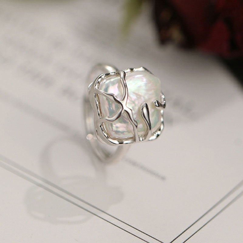 Rhodium Plated Sterling Silver Iridescent Square Baroque Pearl Ring