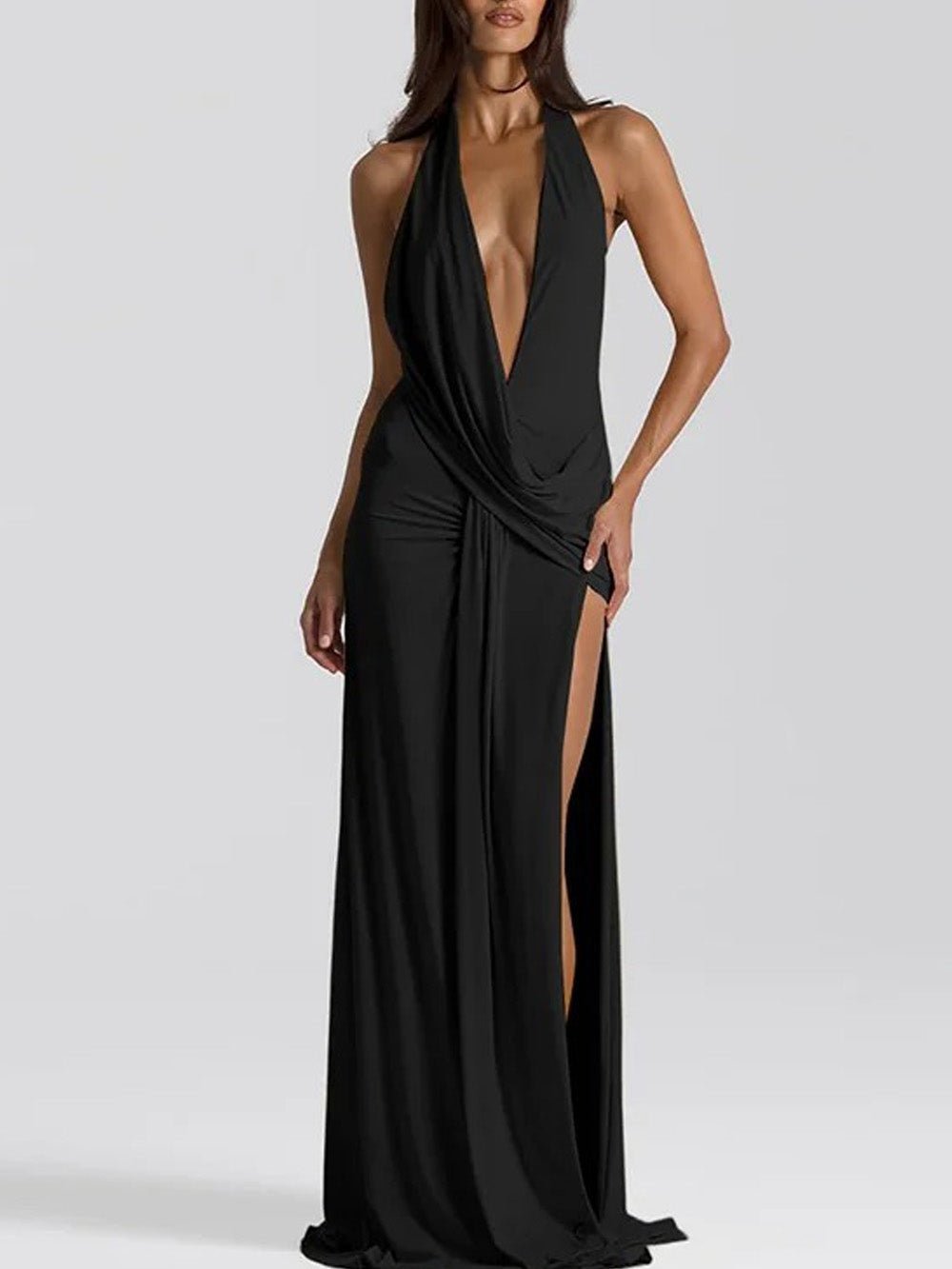 Isabella Halter Deep-V Maxi Dress