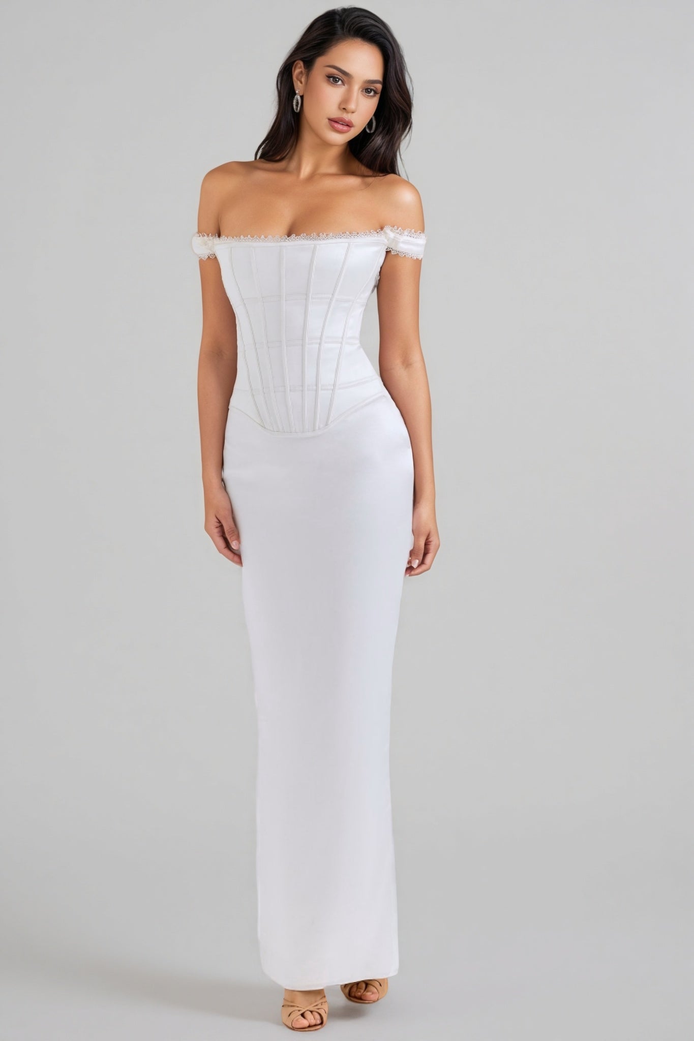 Liviad Ivory Satin Corset Maxi Dress