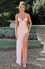 Plunging V-Neck Spaghetti Strap Thigh Slit Satin Maxi Gown