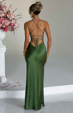 Plunging V-Neck Spaghetti Strap Thigh Slit Satin Maxi Gown