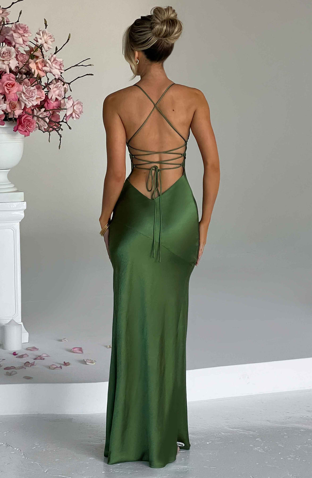 Plunging V-Neck Spaghetti Strap Thigh Slit Satin Maxi Gown