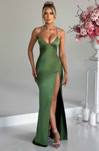 Plunging V-Neck Spaghetti Strap Thigh Slit Satin Maxi Gown