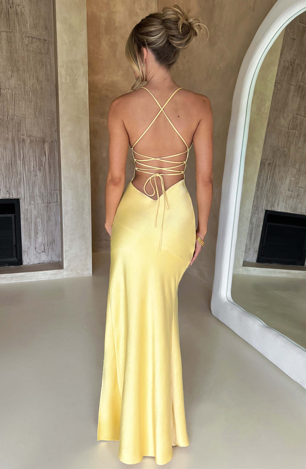 Plunging V-Neck Spaghetti Strap Thigh Slit Satin Maxi Gown