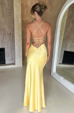 Plunging V-Neck Spaghetti Strap Thigh Slit Satin Maxi Gown