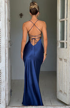 Plunging V-Neck Spaghetti Strap Thigh Slit Satin Maxi Gown