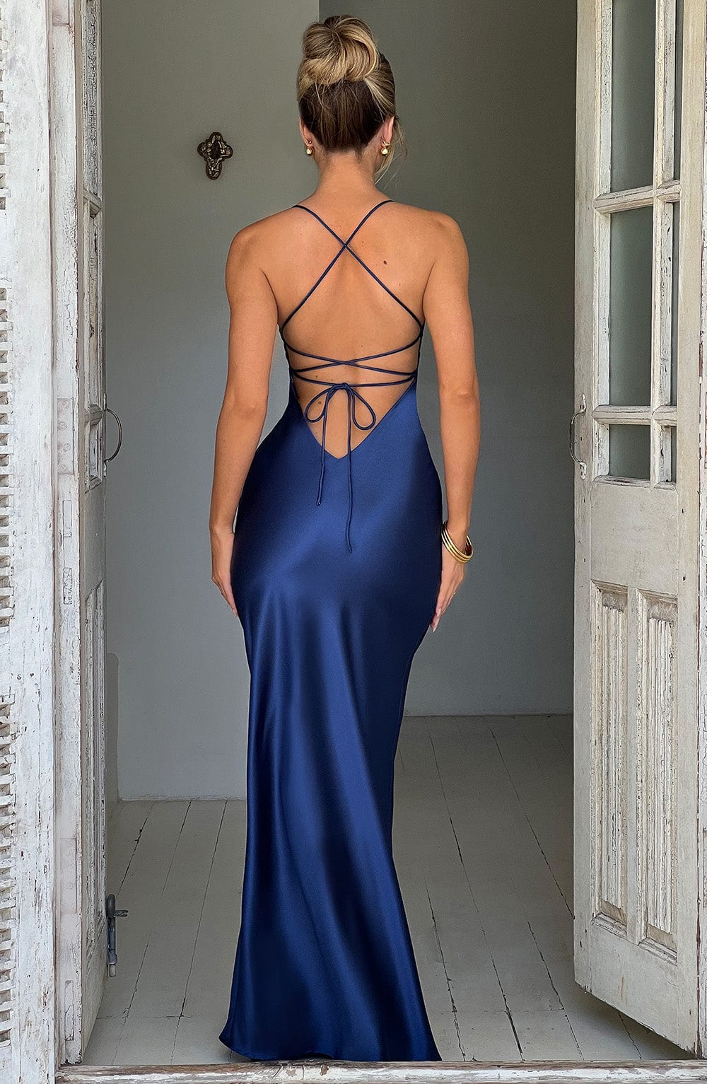 Plunging V-Neck Spaghetti Strap Thigh Slit Satin Maxi Gown