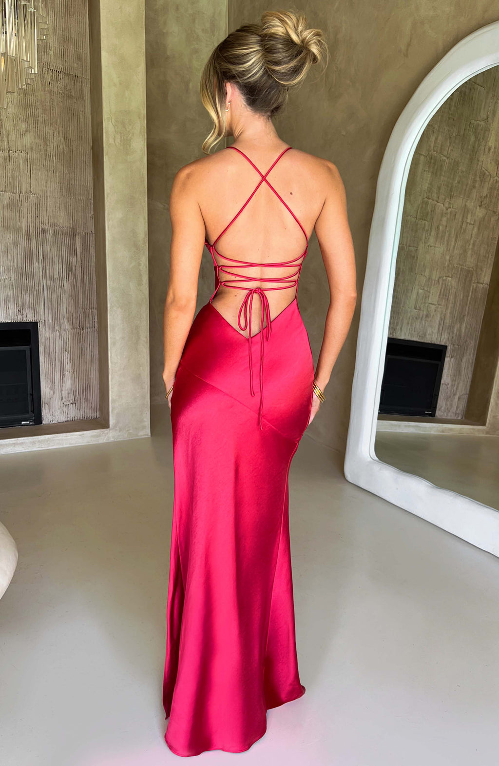Plunging V-Neck Spaghetti Strap Thigh Slit Satin Maxi Gown
