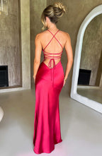 Plunging V-Neck Spaghetti Strap Thigh Slit Satin Maxi Gown