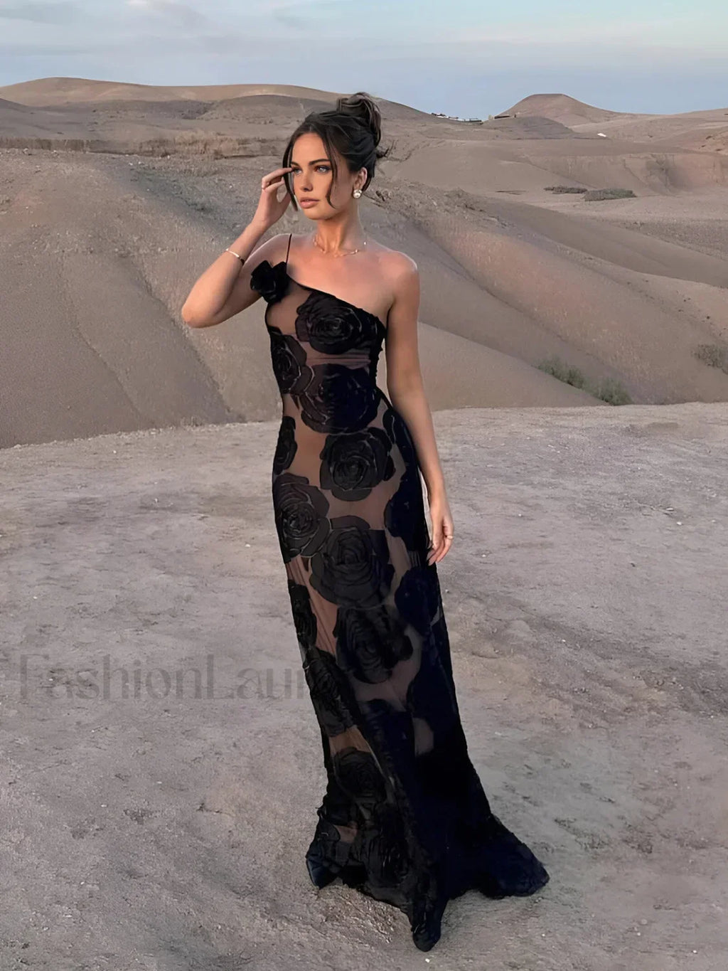 Black Jacquard Floral Asymmetrical Long Dress